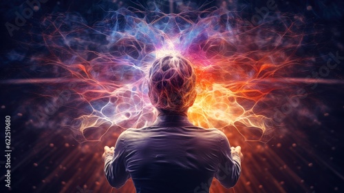 Obraz na płótnie Energy of Thought. Human head emitting abstract fractal structure to illustrate working of human mind, Generative AI illustration w salonie