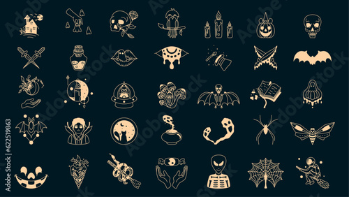 Tattoo alchemy and esoteric. Mystical halloween character. Halloween icon logo collectio set vector illustration