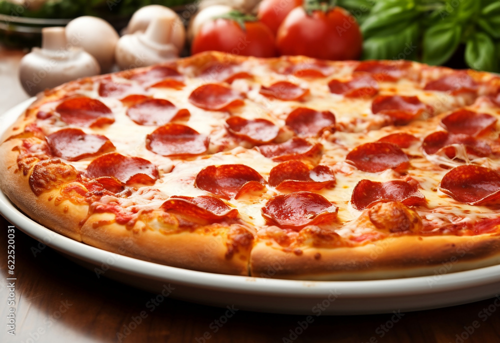 Whole pizza pepperoni served on a table surrounded by fresh vegetable ingredients, ai 