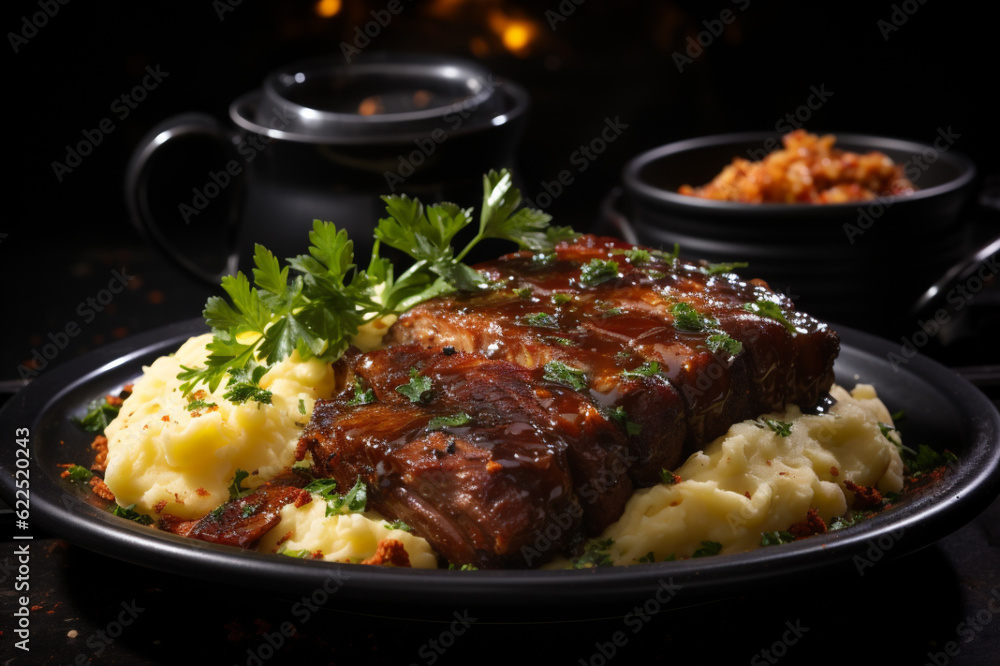 Close up of grilled rib beef steak served with mash potato and herbs. AI Generative Close up of grilled rib beef steak served with mash potato and herbs. AI Generative