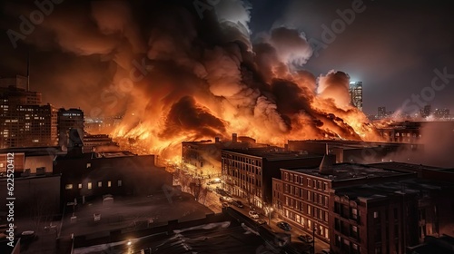 Burning city street lifeless apocalyptic scene