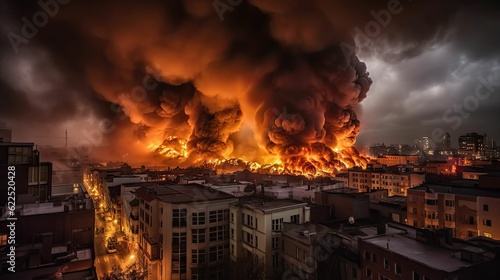 Widok miasta zniszczenia z pożarami i wybuchem