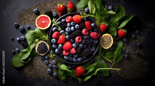 Colorful and healthy bowl of mixed berries and spinach