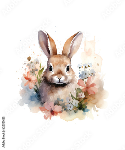 Cute rabbit with flower watercolor style vector