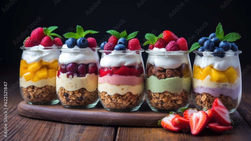 Colorful display of fruit and yogurt in glass jars Colorful display of fruit and yogurt in glass jars