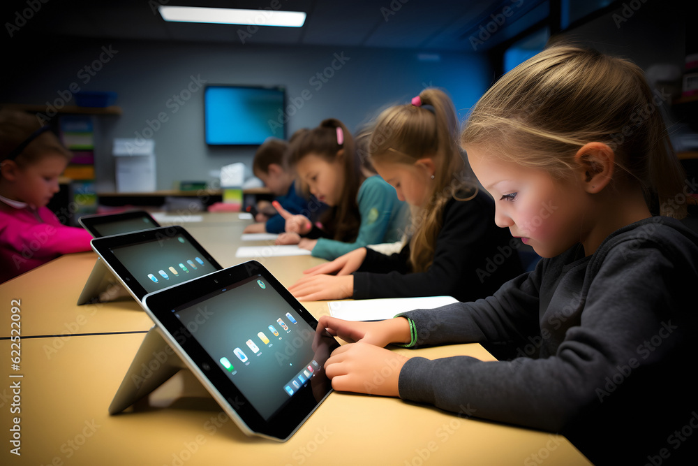 children students in school classroom using tablet computers during ...