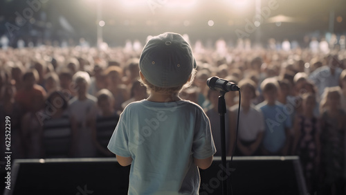Small child gives a speech on stage in front of thousands people crowd, view from behind. Neural network generated in May 2023. Not based on any actual person, scene or pattern.