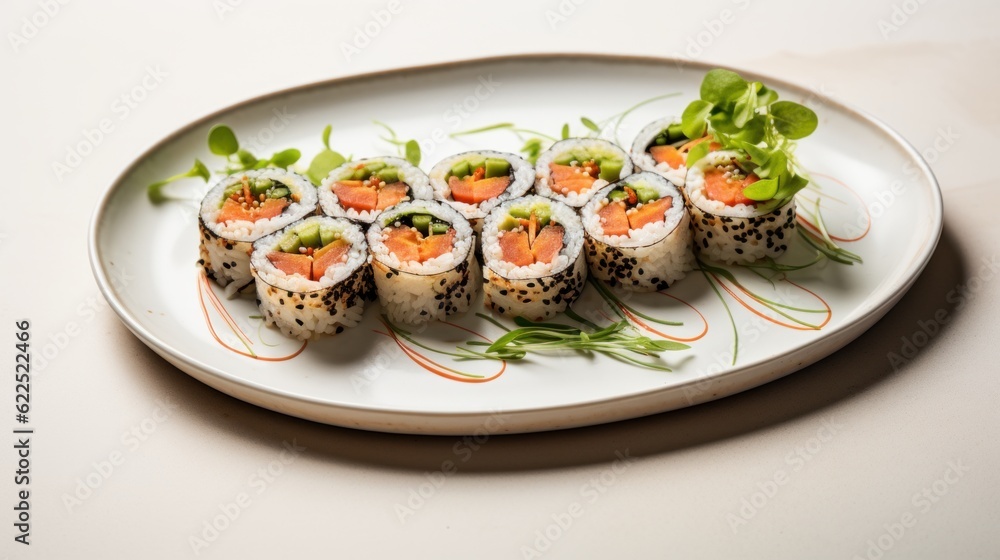 Delicious plate of sushi with fresh vegetables Delicious plate of sushi with fresh vegetables