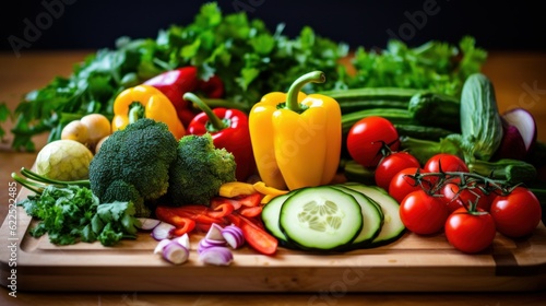 Colorful assortment of fresh vegetables on a rustic wooden cutting board