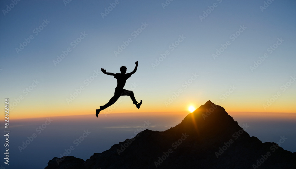 man jumping from the top of the mountain on the background of the sunset freedom success concept 