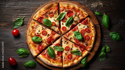 pizza on kitchen table top view, decorative with fresh ingredients, food photography collection of fast food theme