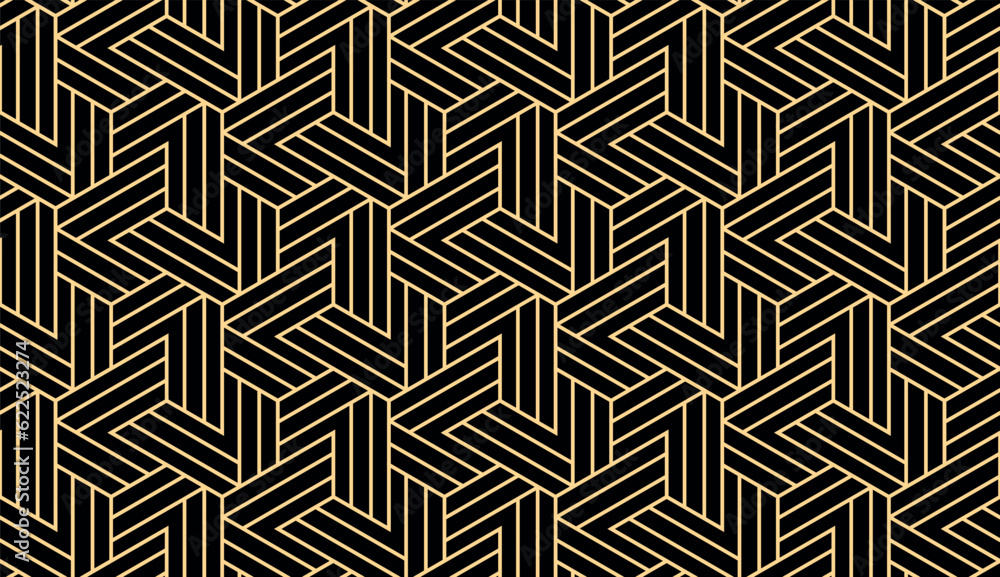 Abstract geometric pattern with stripes, lines. Seamless vector background. Gold and black ornament. Simple lattice graphic design. Abstract geometric pattern with stripes, lines. Seamless vector background. Gold and black ornament. Simple lattice graphic design.