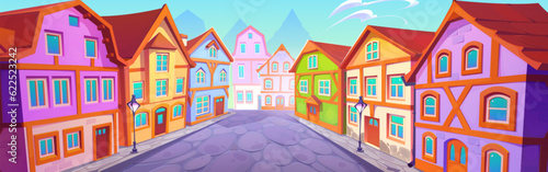 Medieval germany town street with old house vector. European ancient building in german city cartoon cityscape. Vintage timber cottage and suburban district exterior with victorian architecture