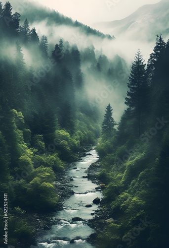 mystical forest with river on mountain with thick fog, generative ai © AgungMild