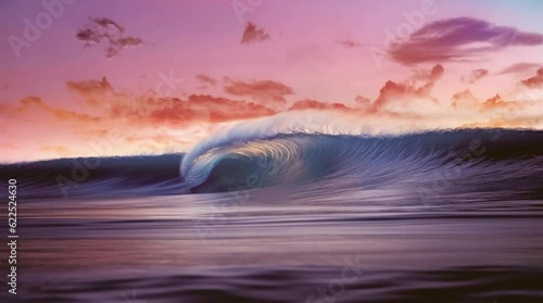 Sunset Serenity: Surf's Dream - Captivating image of the perfect surf wave set against a vibrant sunset. Ideal for surf, travel, and beach content or nature projects. Reworked generative AI