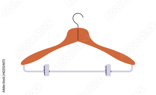 Empty wooden clothes hanger with metal clips for skirts, trousers. Apparel accessory with clamps for hanging top and bottom garments. Flat vector illustration isolated on white background