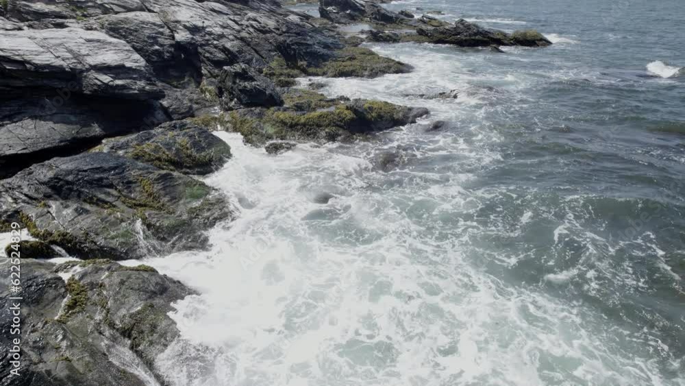 Aerial video of rocky coast with waves crashing Jamestown, RI Aerial video of rocky coast with waves crashing Jamestown, RI