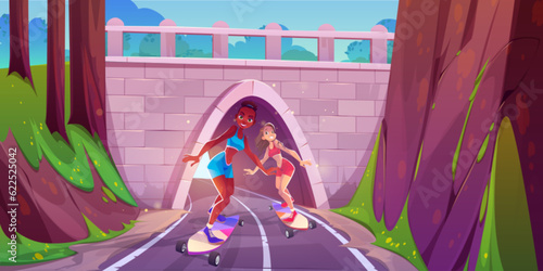 Girl skater together on tunnel road cartoon illustration. Female teen character ride skate on asphalt mountain highway traffic in forest overpass stone arch pathway. Friends on route with board scene