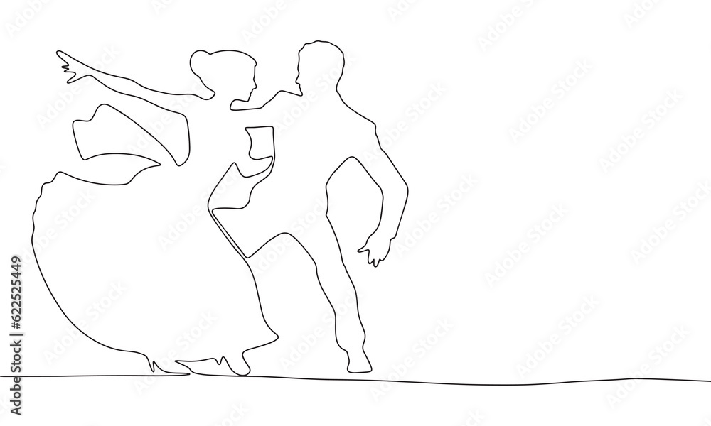 One line continuous Man and woman are dancing. Latin dance concept banner in line art hand drawing style. Outline vector illustration.