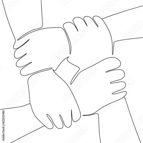 One line continuous team hands. Friendship, teamwork concept banner in line art hand drawing style. Outline vector illustration.
