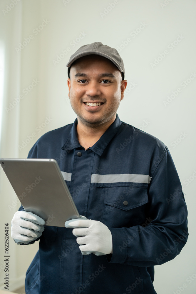 Vertical of Technician workers in uniform maintenance service. Profession of service industry house repair. Home services concept isolated background. Vertical of Technician workers in uniform maintenance service. Profession of service industry house repair. Home services concept isolated background.