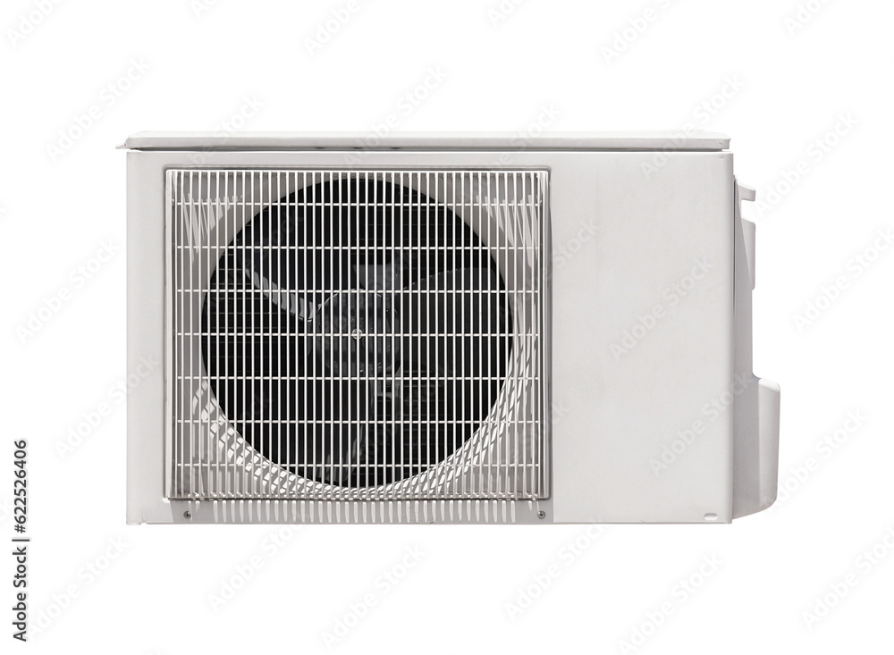Condensing unit of air conditioner isolated on white background. Electrical home appliance. Air cooled condenser system. Air compressor for outdoor installation. Condensing unit of air conditioner isolated on white background. Electrical home appliance. Air cooled condenser system. Air compressor for outdoor installation.