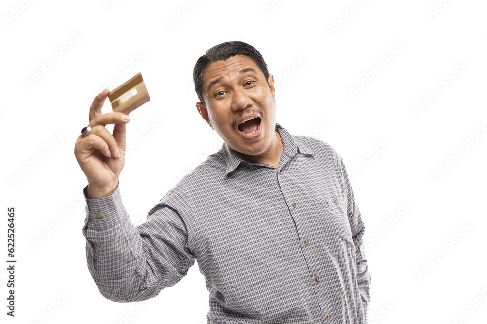 old asian man holding credit card and showing it happily white background isolated old asian man holding credit card and showing it happily white background isolated