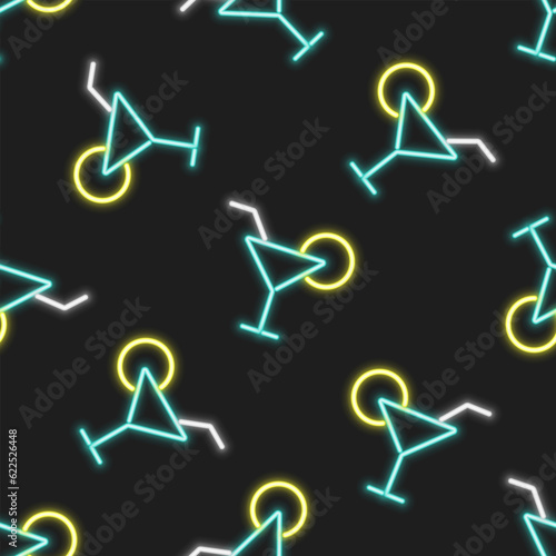 Alcohol cocktail in martini glass vector seamless pattern. Color neon elements on black background. Best for bar decoration, wallpapers, wrapping paper, package and web design.