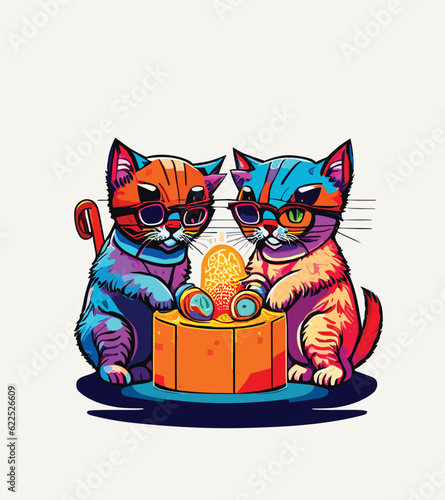 Cyberpunk Cat Sticker Design. Futuristic cat illustration.