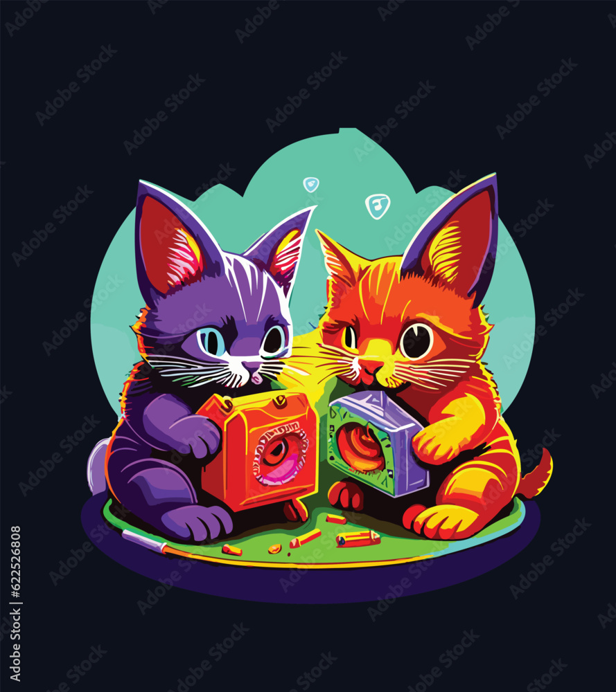 Obraz premium Cyberpunk Cat Sticker Design. Futuristic cat illustration.