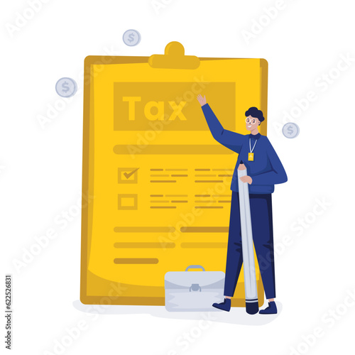 A man fills out tax forms flat illustration
