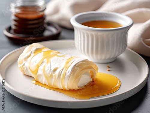 Closeup picture of white cream milky kaymak butter roll poured with honey. Generative AI. photo