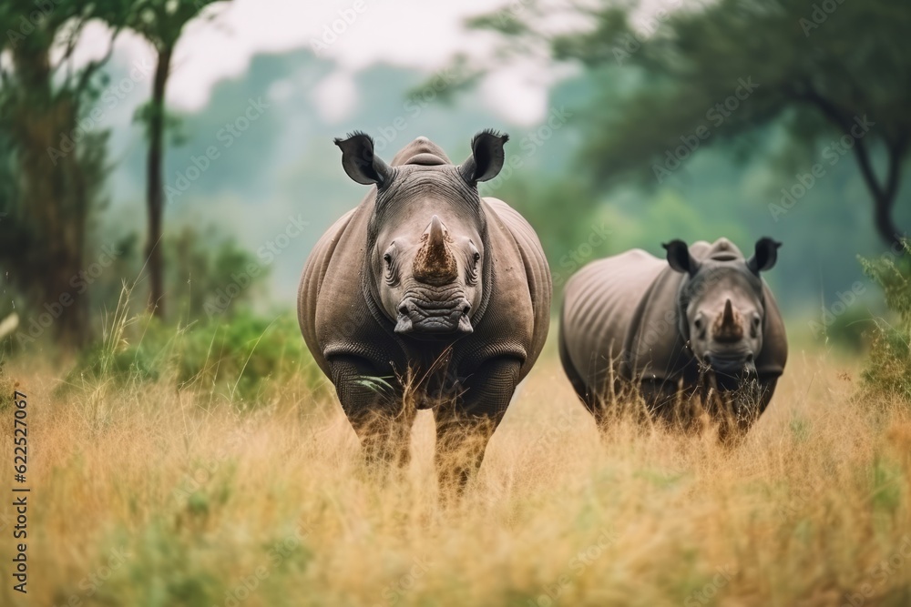 Fototapeta premium Group of rhino are standing and looking on green grass - Generative AI