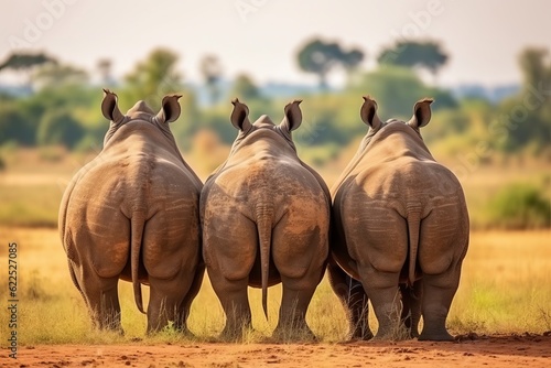 Group of rhino are standing and looking on green grass - Generative AI