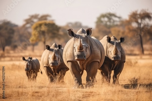 Group of rhino are standing and looking on green grass  - Generative AI © Fabio