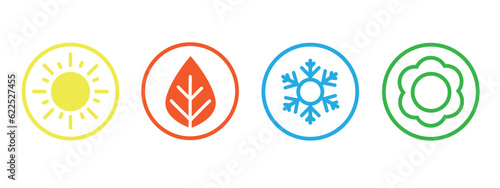 A set of colorful icons of the seasons. The seasons: winter, spring, summer and autumn.