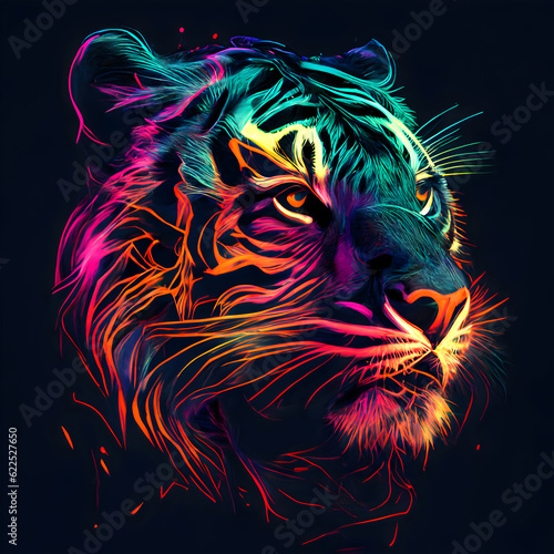 Fototapeta Naklejka Na Ścianę i Meble -  Tiger in abstract, graphic highlighters lines rainbow ultra-bright neon artistic portrait, commercial, editorial advertisement, surrealism. Isolated on dark background