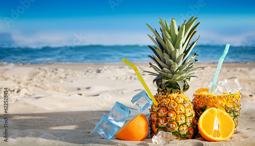 Fototapeta Naklejka Na Ścianę i Meble -  Fresh pineapple with oranges, tubules and ice on sunny beach with copy space