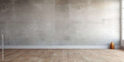 empty room with window living room interior concrete wall mock up in natural grey tones with wooden floor and plant pot