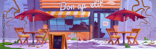 Abandoned street restaurant vector cartoon scene. Broken outdoor city cafe with brick wall. Ruined urban bistro terrace and torn umbrella. Neglected city bar with spider web and vine panoramic design