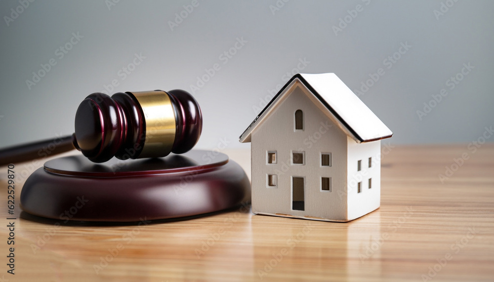 Close up Conceptual White Miniature House on Top of the Table Beside Court Gavel. Close up Conceptual White Miniature House on Top of the Table Beside Court Gavel.