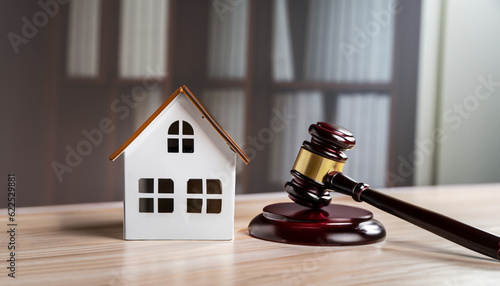 Tablou pe pânză Close up Conceptual White Miniature House on Top of the Table Beside Court Gavel