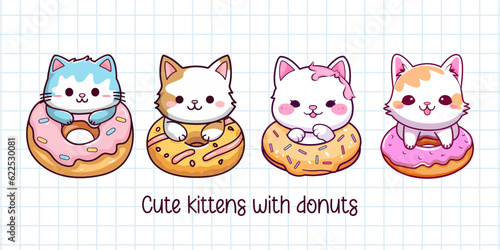 Cute baby kittens with donuts set. Kids illustration. Vector.