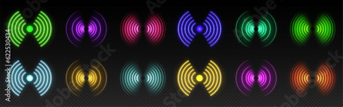 3d wifi neon light symbol technology vector effect. Abstract wireless wave sign glow icon. Sound scan echolocation line concept. Futuristic radial mobile phone spot disc. Concentric sonar antenna