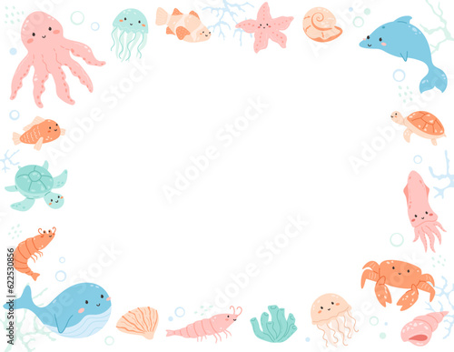 Underwater animals frame with copy space. Blank template with cute aquatic creatures in border, water bubbles. Funny crab, fish, jelly, turtle baby. Vector illustration for kids designs.