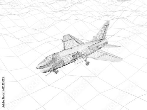 3d rendering wireframe of F-16 fighting falcon flies over a sea