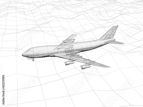 Bild auf Leinwand 3D rendering wireframe of airplane flies over a sea