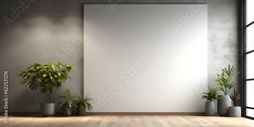 large poster mural mockup with horizontal empty frame on grey wall in modern living room interior with plant pots on wooden floor print mock up