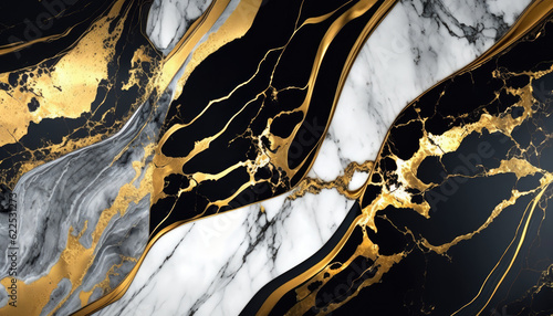 Black and White marble texture with golden viens. Fluid black, white, gray and gold marbled background. Luxury modern backdrop for banner, greeting card, invitation. Generative ai