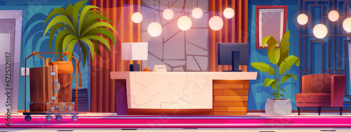 Modern hotel lobby interior design. Vector cartoon illustration of large hall with computer monitor on reception desk, creative illumination, armchair, baggage trolley, elevator door, green plants